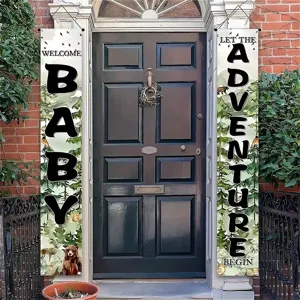 Jungle adventure theme baby shower porch banners with forest animals and welcome baby text