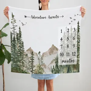 Forest adventure baby monthly milestone blanket with watercolor mountain patterns