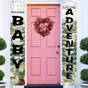 Woodland jungle adventure baby shower porch banners featuring cute bear and deer designs