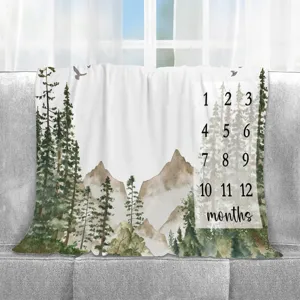 Watercolor forest adventure baby milestone blanket with 1-12 months growth tracking