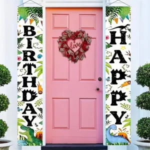 Geburtstag-Türbanner im Dschungel-Dinosaurier-Stil an einer rosa Haustür Dekoration.