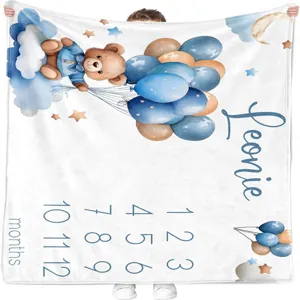 Soft baby monthly milestone blanket featuring cute blue balloon bear and stars design