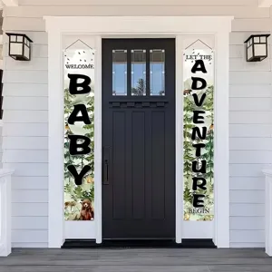 Woodland jungle adventure theme baby shower porch hanging banners for party decor