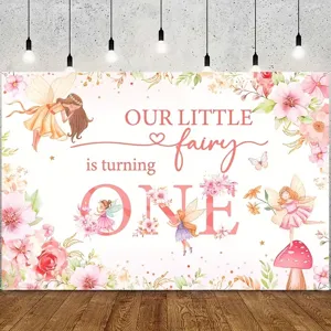 Floral Fairy First Birthday Photography Backdrop Watercolor Mushroom Tree Photo Background For Baby Girl Shower Party Banner Decor