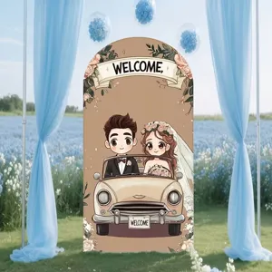 Cartoon Wedding Car Arched Backdrop Cover Polyester Printed Welcome Arch Decoration For Outdoor Wedding Reception Party Venue Decor