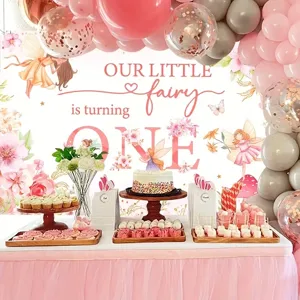 Floral fairy birthday backdrop pink balloon set baby one year old party decoration supplies