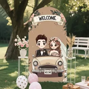 Arched wedding backdrop cover featuring a cute cartoon bride and groom in a vintage car