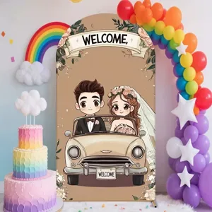 Arched wedding backdrop featuring cartoon bride and groom in car for welcome decor.