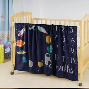Baby milestone blanket with space adventure theme, blue monthly photo blanket for infants.