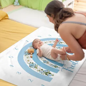 Soft blue floral rainbow baby milestone blanket for monthly growth tracking photos