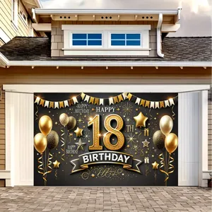 Elegant black and gold 18th birthday photography backdrop with balloons and stars