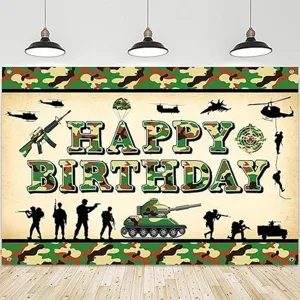 Camouflage military tank theme Happy Birthday backdrop for boy's party photoshoot
