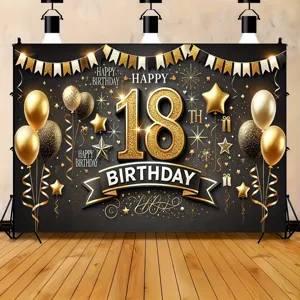 Black and gold 18th birthday photography backdrop with balloons and stars for adult party.