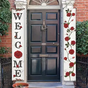 Vintage red rose themed welcome porch banners for elegant front door entrance decoration