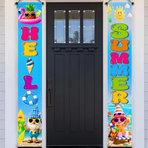 Summer theme porch banners with Hello Summer text and cute beach gnomes decor.