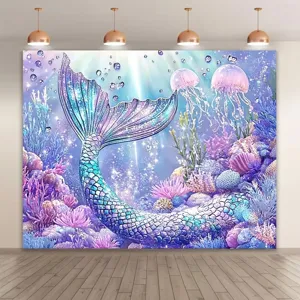 Sfondo Fotografico di Compleanno a Tema Mondo Marino della Sirena Arazzo Sottomarino per Decorazione Feste Bambini