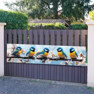 Decorative outdoor garden banner featuring five blue tits on flowering branches for fence decor