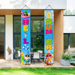 Hello Summer theme porch banners with colorful cartoon beach party elements for outdoor decor.