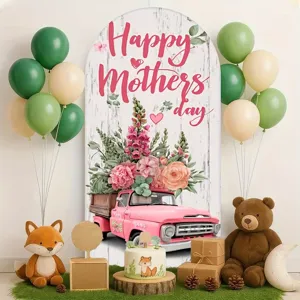 Mother's Day themed arched backdrop featuring a vintage pink floral truck design