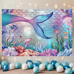 Sfondo fotografico di compleanno mondo sottomarino sirena per festa per bambini.
