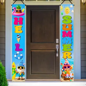 Vibrant Hello Summer porch banners with flamingo and gnome elements for beach party door decor