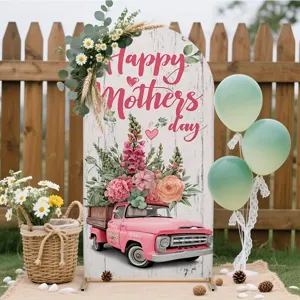 Happy Mother's Day arch backdrop with vintage pink flower truck and green balloons