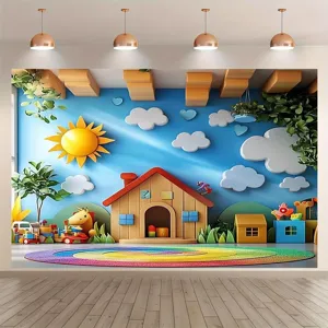 Vibrant 3D playful house photography backdrop with sun and wooden house for kids room decor