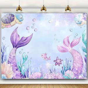 Sfondo fotografico di compleanno per bambini tema sirena mondo sottomarino acquerello