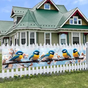 Artistic blue tit and flower print outdoor banner for garden fence decoration