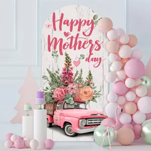 Mother's Day arched backdrop with pink retro flower truck design for party decor