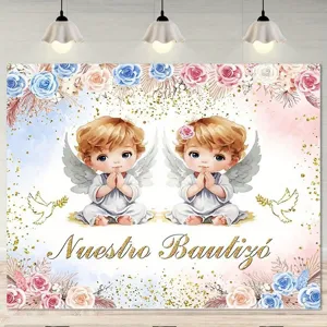 Bohemian Watercolor Floral Angel Baptism Backdrop Nuestro Bautizo Spanish Baby Photography Background Polyester Tapestry Party Decoration