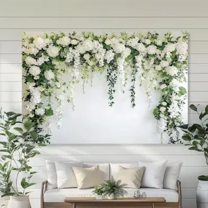 Κομψό δασικό floral φόντο φωτογραφίας με λευκά λουλούδια και πράσινα φύλλα σχέδιο