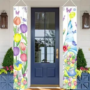 Striscioni per portico con tulipani e gnomo per decorazione primaverile esterna casa