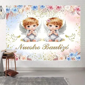 Bohemian watercolor flower and angel photography backdrop for baby baptism decoration