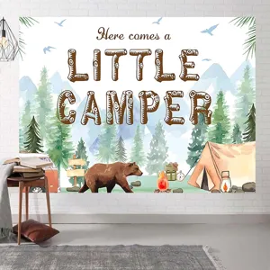 Forest adventure theme birthday backdrop with brown bear and camper van for kids