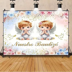 Watercolor floral angel photography backdrop for baby baptism celebration decor