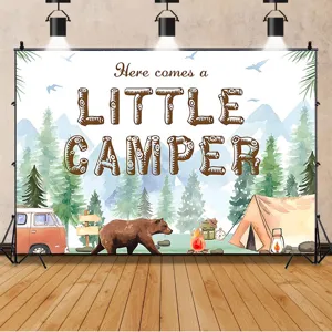Forest adventure birthday backdrop featuring little camper bear and tent illustration