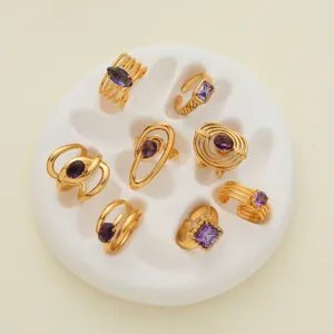 Vintage Stainless Steel Open Adjustable Ring Women Purple Amethyst Geometric Gemstone Gold Plated Hollow Finger Jewelry