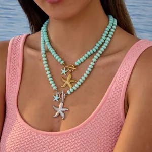 Ozean-Stil Minzgrün Harz Perlenkette Damen Edelstahl Seestern Anhänger 18K Vergoldet OT-Schnalle Schmuck
