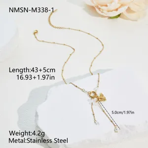 Detailed elegant stainless steel bee and pearl tassel necklace with length 43+5cm specs