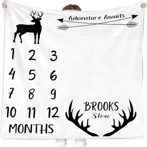 Forest adventure themed baby milestone blanket with deer silhouette and monthly numbers