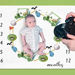 Soft golf-themed baby milestone blanket for monthly growth records and photo background
