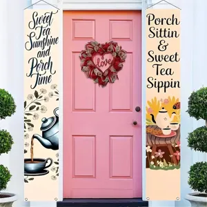Set of vintage British tea-themed porch banners with teapot prints for outdoor party decor