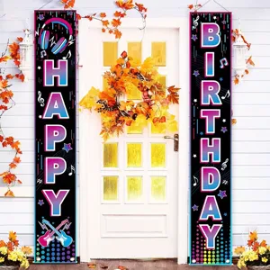 Colorful music-themed porch banners with headphones and guitars for rock birthday party