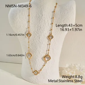 Detail of a stainless steel necklace with white crystal charms and dimensions specs