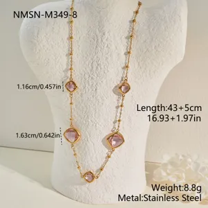 Detailed view of pink crystal stainless steel necklace with dimensions and material specs