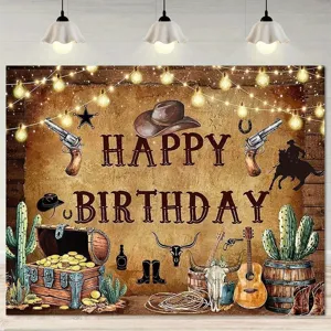 Sfondo di Buon Compleanno a Tema Cowboy Occidentale Panno di Sfondo Fotografico in Poliestere per la Decorazione della Festa di Compleanno dei Bambini