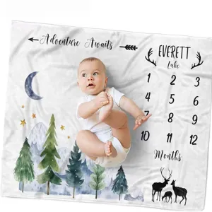 Adventure awaits watercolor forest baby milestone blanket for monthly growth photos