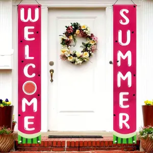 Watermelon themed summer porch banners featuring Welcome and Summer text for door decor