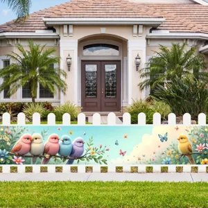 Colorful bird and floral spring garden banner specifically for outdoor fence decoration